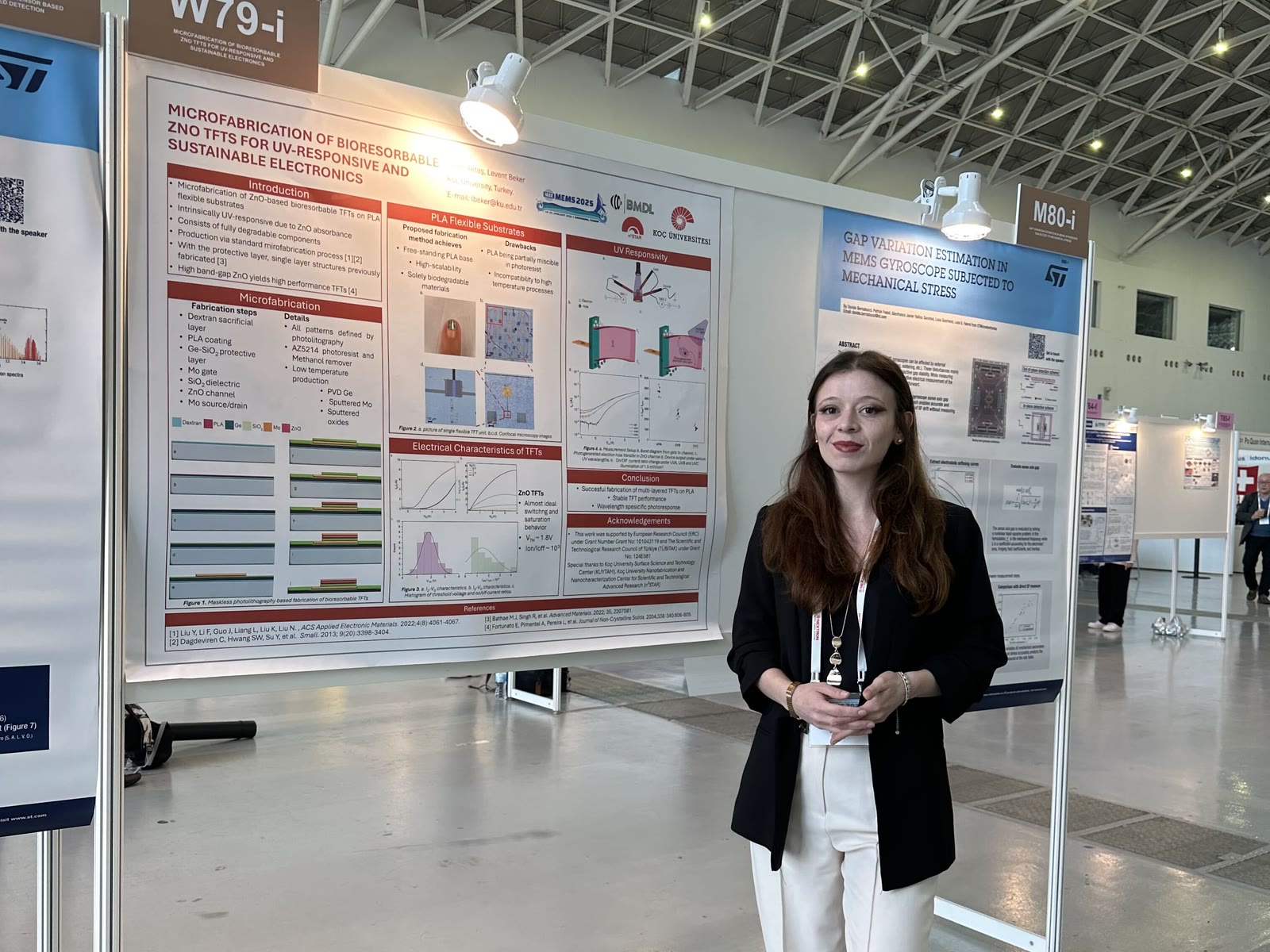 Deniz Aktaş beside her bioresorbable ZnO TFT poster at IEEE MEMS 2025