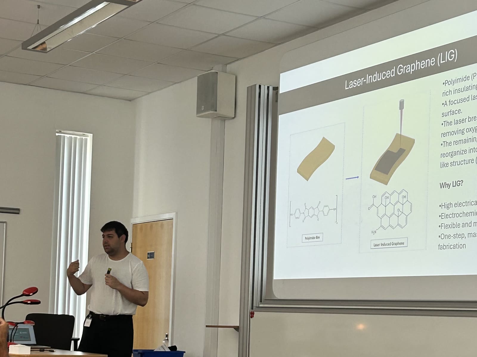 Hikmet Batuhan Balkı presenting a laser-induced graphene electrode platform at the University of Bath